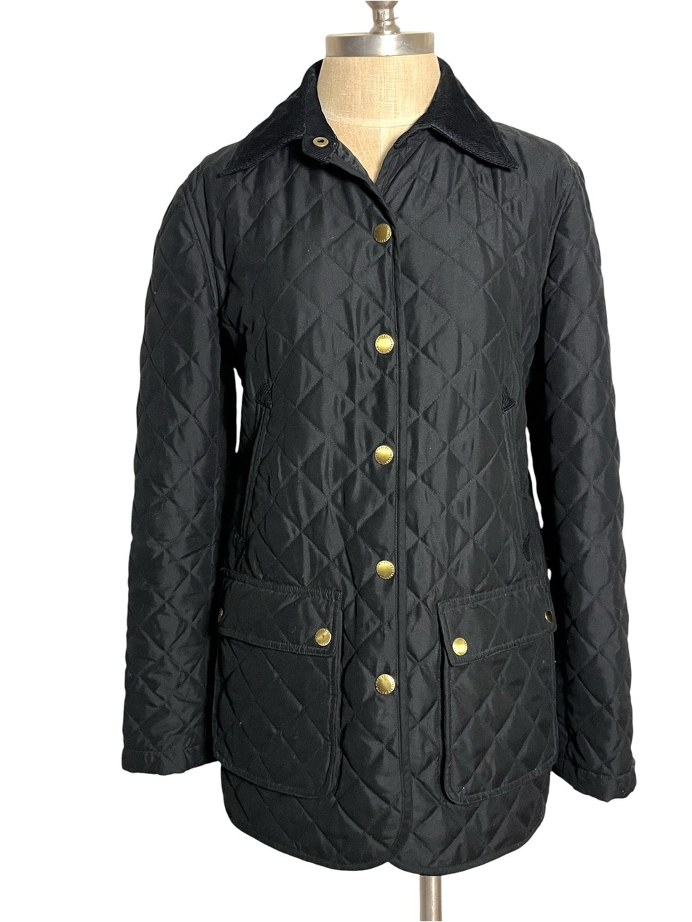Ralph Lauren Black Quilted Barn Jacket Corduroy Collar Gold Buttons Small